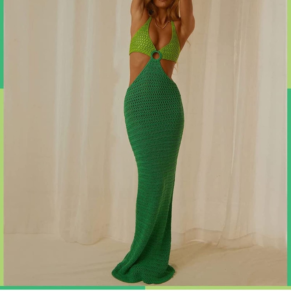 PEPPERMAYO copy Green Halter Crochet Bodycon Hollow Out Midi Beach Dresses